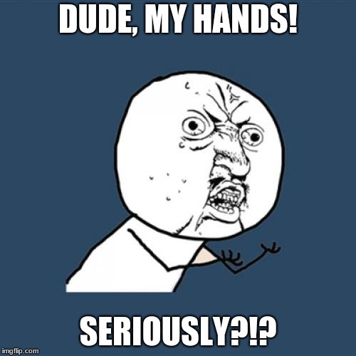 Y U No Meme | DUDE, MY HANDS! SERIOUSLY?!? | image tagged in memes,y u no | made w/ Imgflip meme maker