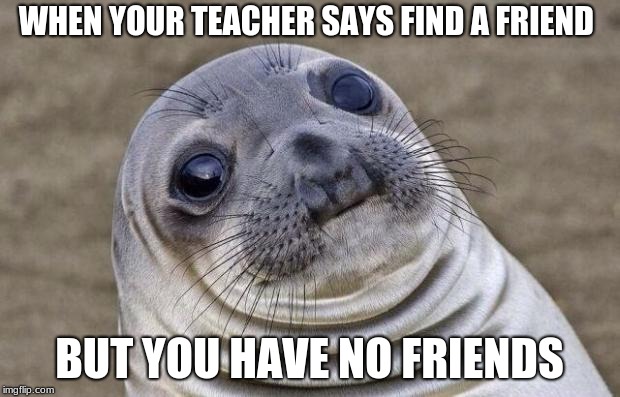 Awkward Moment Sealion Meme | WHEN YOUR TEACHER SAYS FIND A FRIEND; BUT YOU HAVE NO FRIENDS | image tagged in memes,awkward moment sealion | made w/ Imgflip meme maker