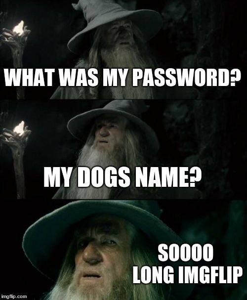 Confused Gandalf Meme | WHAT WAS MY PASSWORD? MY DOGS NAME? SOOOO LONG IMGFLIP | image tagged in memes,confused gandalf | made w/ Imgflip meme maker