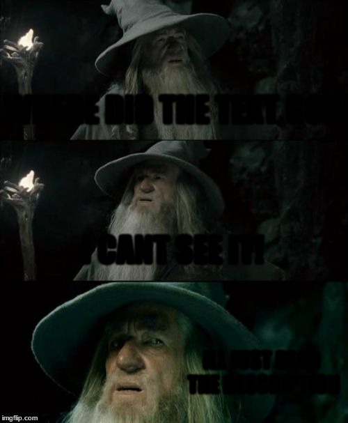 Confused Gandalf | WHERE DID THE TEXT GO? I CANT SEE IT! ILL JUST READ THE DESCRIPTION | image tagged in memes,confused gandalf | made w/ Imgflip meme maker