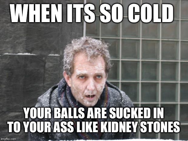 ice, freeze, cold |  WHEN ITS SO COLD; YOUR BALLS ARE SUCKED IN TO YOUR ASS LIKE KIDNEY STONES | image tagged in ice freeze cold | made w/ Imgflip meme maker