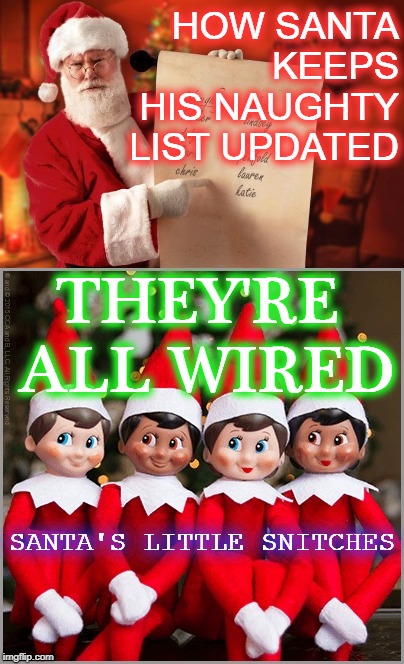 XMAS SNITCHES | HOW SANTA KEEPS HIS NAUGHTY LIST UPDATED; THEY'RE ALL WIRED; SANTA'S LITTLE SNITCHES | image tagged in elf,elf on the shelf,naughty list,santa claus,christmas | made w/ Imgflip meme maker