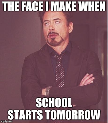 Face You Make Robert Downey Jr Meme | THE FACE I MAKE WHEN; SCHOOL STARTS TOMORROW | image tagged in memes,face you make robert downey jr | made w/ Imgflip meme maker