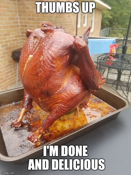 News flash: smoked turkey declared itself done | THUMBS UP; I'M DONE AND DELICIOUS | image tagged in smoke,turkey,thanksgiving,yummy,yep | made w/ Imgflip meme maker