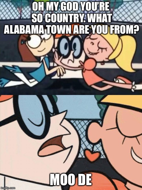 I Love Your Accent | OH MY GOD YOU’RE SO COUNTRY. WHAT ALABAMA TOWN ARE YOU FROM? MOO DE | image tagged in i love your accent | made w/ Imgflip meme maker