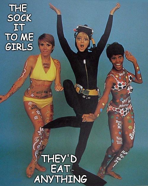 I've been told that in 1968 these were the Dream Girls everybody wanted. Did they Sock-It-To You? | THE SOCK IT TO ME GIRLS; THEY'D EAT ANYTHING | image tagged in sock it to me,zany,goldie hawn,chelsea brown,judy carne | made w/ Imgflip meme maker