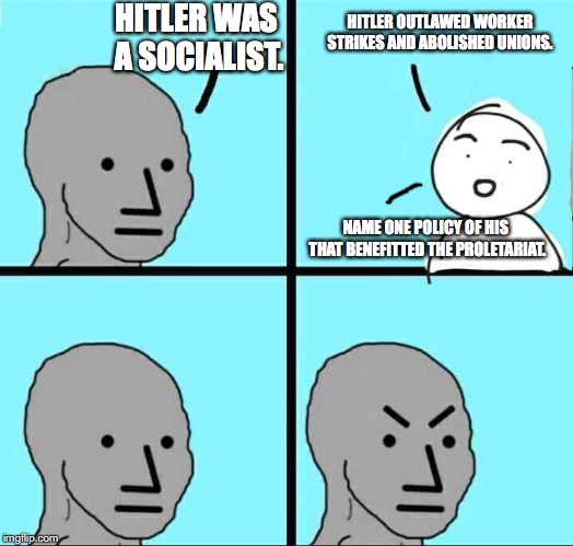 NPC Meme | HITLER OUTLAWED WORKER STRIKES AND ABOLISHED UNIONS. HITLER WAS A SOCIALIST. NAME ONE POLICY OF HIS THAT BENEFITTED THE PROLETARIAT. | image tagged in npc meme,hitler,nazi,communism,socialism | made w/ Imgflip meme maker