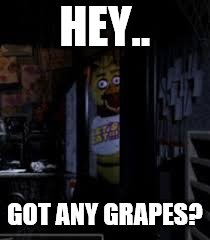 A duck walked up |  HEY.. GOT ANY GRAPES? | image tagged in chica looking in window fnaf | made w/ Imgflip meme maker