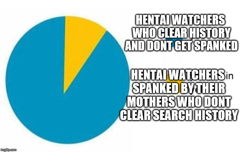 pie chart yes but in yellow | HENTAI WATCHERS WHO CLEAR HISTORY AND DONT GET SPANKED HENTAI WATCHERS SPANKED BY THEIR MOTHERS WHO DONT CLEAR SEARCH HISTORY | image tagged in pie chart yes but in yellow | made w/ Imgflip meme maker