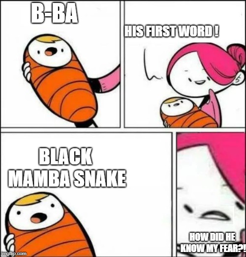 Baby's First Words | B-BA; HIS FIRST WORD
! BLACK MAMBA SNAKE; HOW DID HE KNOW MY FEAR?! | image tagged in baby's first words | made w/ Imgflip meme maker