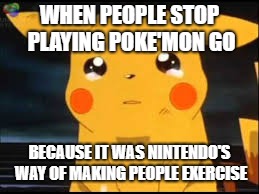 SOMETHING FUN TO DO THAT I THOUGHT OF LAST NIGHT | WHEN PEOPLE STOP PLAYING POKE'MON GO; BECAUSE IT WAS NINTENDO'S WAY OF MAKING PEOPLE EXERCISE | image tagged in pikachu,nintendo,pokemon go | made w/ Imgflip meme maker