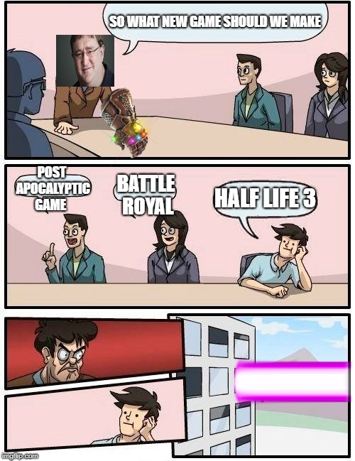 Boardroom Meeting Suggestion | SO WHAT NEW GAME SHOULD WE MAKE; POST APOCALYPTIC GAME; BATTLE ROYAL; HALF LIFE 3 | image tagged in memes,boardroom meeting suggestion | made w/ Imgflip meme maker