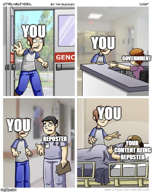 LOSS | YOU; YOU; GOVERNMENT; YOU; REPOSTER; YOU; YOUR CONTENT BEING REPOSTED | image tagged in loss | made w/ Imgflip meme maker