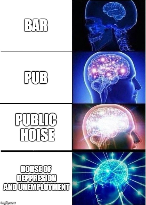 Expanding Brain Meme | BAR; PUB; PUBLIC HOISE; HOUSE OF DEPPRESION AND UNEMPLOYMENT | image tagged in memes,expanding brain | made w/ Imgflip meme maker