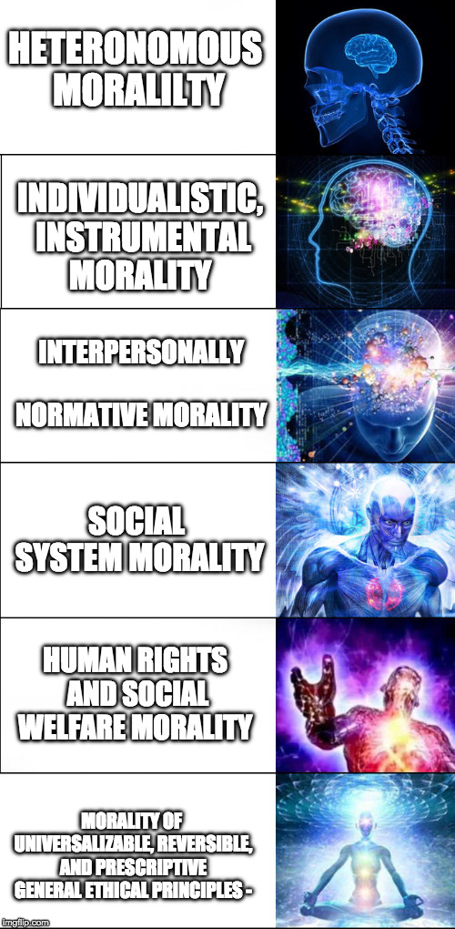 Expanding brain | HETERONOMOUS MORALILTY; INDIVIDUALISTIC, INSTRUMENTAL MORALITY; INTERPERSONALLY NORMATIVE MORALITY; SOCIAL SYSTEM MORALITY; HUMAN RIGHTS AND SOCIAL WELFARE MORALITY; MORALITY OF UNIVERSALIZABLE, REVERSIBLE, AND PRESCRIPTIVE GENERAL ETHICAL PRINCIPLES
- | image tagged in expanding brain | made w/ Imgflip meme maker