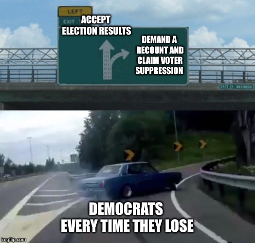 Every close election! | ACCEPT ELECTION RESULTS; DEMAND A RECOUNT AND CLAIM VOTER SUPPRESSION; DEMOCRATS EVERY TIME THEY LOSE | image tagged in memes,democrats,elections,left exit 12 off ramp,political meme | made w/ Imgflip meme maker