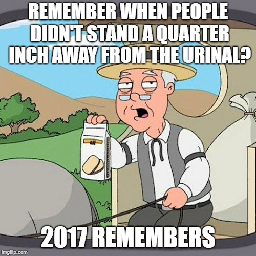 Pepperidge Farm Remembers | REMEMBER WHEN PEOPLE DIDN'T STAND A QUARTER INCH AWAY FROM THE URINAL? 2017 REMEMBERS | image tagged in memes,pepperidge farm remembers | made w/ Imgflip meme maker