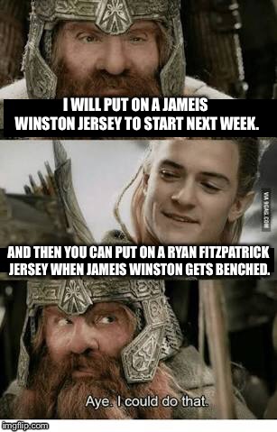 Middle Earth hangs in the balance in Tampa because Buccaneers’ quarterbacks suck | I WILL PUT ON A JAMEIS WINSTON JERSEY TO START NEXT WEEK. AND THEN YOU CAN PUT ON A RYAN FITZPATRICK JERSEY WHEN JAMEIS WINSTON GETS BENCHED. | image tagged in gimli and legolas blank,memes,nfl football,sucks,lord of the rings,change | made w/ Imgflip meme maker
