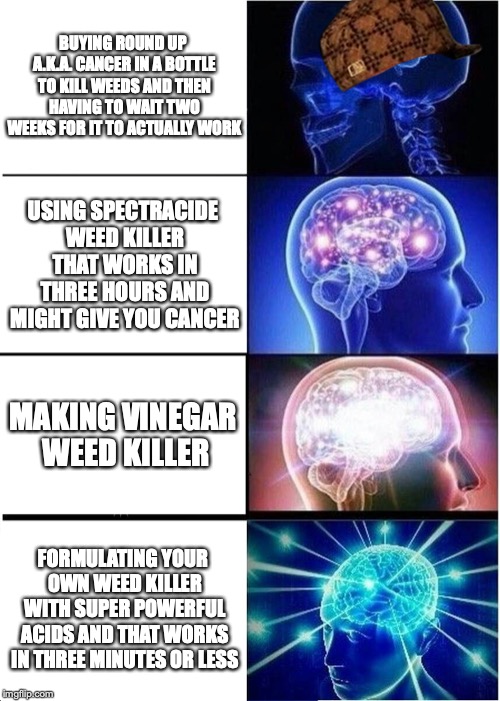 Expanding Brain Meme | BUYING ROUND UP A.K.A. CANCER IN A BOTTLE TO KILL WEEDS AND THEN HAVING TO WAIT TWO WEEKS FOR IT TO ACTUALLY WORK; USING SPECTRACIDE WEED KILLER THAT WORKS IN THREE HOURS AND MIGHT GIVE YOU CANCER; MAKING VINEGAR WEED KILLER; FORMULATING YOUR OWN WEED KILLER WITH SUPER POWERFUL ACIDS AND THAT WORKS IN THREE MINUTES OR LESS | image tagged in memes,expanding brain,scumbag | made w/ Imgflip meme maker