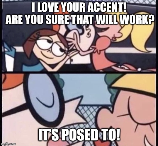 I love your accent | I LOVE YOUR ACCENT! ARE YOU SURE THAT WILL WORK? IT’S POSED TO! | image tagged in i love your accent | made w/ Imgflip meme maker