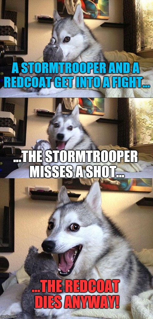 Bad Pun Dog | A STORMTROOPER AND A REDCOAT GET INTO A FIGHT... ...THE STORMTROOPER MISSES A SHOT... ...THE REDCOAT DIES ANYWAY! | image tagged in memes,bad pun dog | made w/ Imgflip meme maker