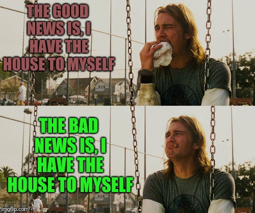 First World Stoner Problems Meme | THE GOOD NEWS IS, I HAVE THE HOUSE TO MYSELF; THE BAD NEWS IS, I HAVE THE HOUSE TO MYSELF | image tagged in memes,first world stoner problems | made w/ Imgflip meme maker