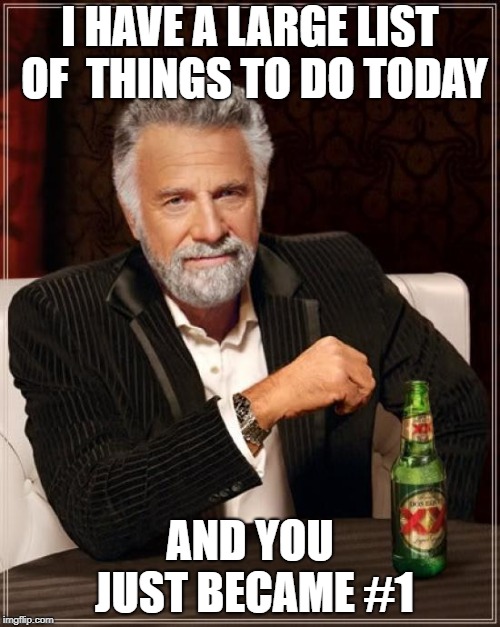 The Most Interesting Man In The World Meme | I HAVE A LARGE LIST OF  THINGS TO DO TODAY; AND YOU JUST BECAME #1 | image tagged in memes,the most interesting man in the world | made w/ Imgflip meme maker