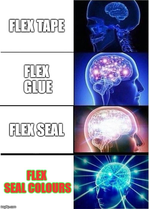 Expanding Brain | FLEX TAPE; FLEX GLUE; FLEX SEAL; FLEX SEAL COLOURS | image tagged in memes,expanding brain | made w/ Imgflip meme maker