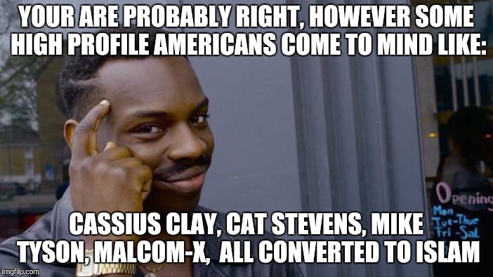 Roll Safe Think About It Meme | YOUR ARE PROBABLY RIGHT, HOWEVER SOME HIGH PROFILE AMERICANS COME TO MIND LIKE: CASSIUS CLAY, CAT STEVENS, MIKE TYSON, MALCOM-X,  ALL CONVER | image tagged in memes,roll safe think about it | made w/ Imgflip meme maker