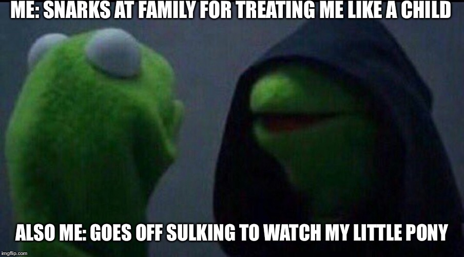Also Me | ME: SNARKS AT FAMILY FOR TREATING ME LIKE A CHILD; ALSO ME: GOES OFF SULKING TO WATCH MY LITTLE PONY | image tagged in also me | made w/ Imgflip meme maker