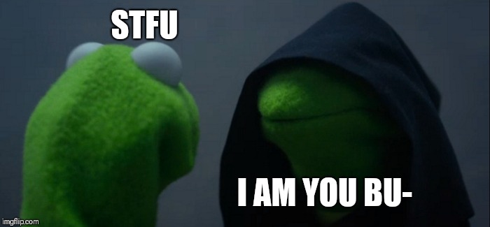 Evil Kermit | STFU; I AM YOU BU- | image tagged in memes,evil kermit | made w/ Imgflip meme maker