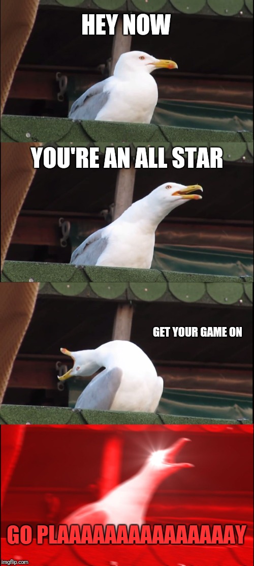 Inhaling Seagull Meme | HEY NOW YOU'RE AN ALL STAR GET YOUR GAME ON GO PLAAAAAAAAAAAAAAAY | image tagged in memes,inhaling seagull | made w/ Imgflip meme maker