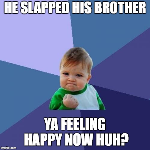 Success Kid | HE SLAPPED HIS BROTHER; YA FEELING HAPPY NOW HUH? | image tagged in memes,success kid | made w/ Imgflip meme maker
