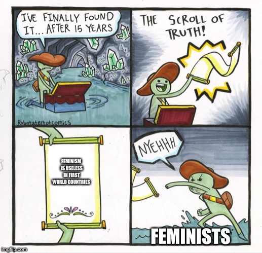 The Scroll Of Truth | FEMINISM IS USELESS IN FIRST WORLD COUNTRIES; FEMINISTS | image tagged in memes,the scroll of truth | made w/ Imgflip meme maker