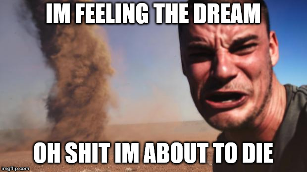 Tornado Guy | IM FEELING THE DREAM; OH SHIT IM ABOUT TO DIE | image tagged in tornado guy | made w/ Imgflip meme maker