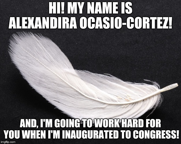 HI! MY NAME IS ALEXANDIRA OCASIO-CORTEZ! AND, I'M GOING TO WORK HARD FOR YOU WHEN I'M INAUGURATED TO CONGRESS! | image tagged in feather | made w/ Imgflip meme maker