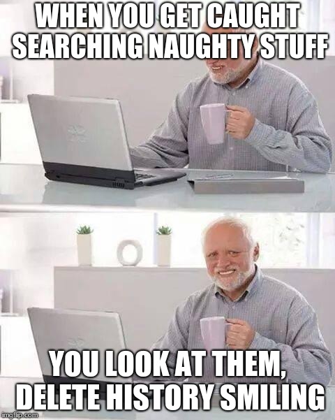 Hide the Pain Harold Meme | WHEN YOU GET CAUGHT SEARCHING NAUGHTY STUFF; YOU LOOK AT THEM, DELETE HISTORY SMILING | image tagged in memes,hide the pain harold | made w/ Imgflip meme maker