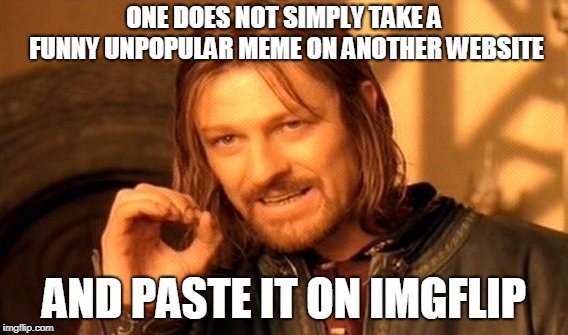 One Does Not Simply Meme | ONE DOES NOT SIMPLY TAKE A FUNNY UNPOPULAR MEME ON ANOTHER WEBSITE; AND PASTE IT ON IMGFLIP | image tagged in memes,one does not simply,meanwhile on imgflip | made w/ Imgflip meme maker
