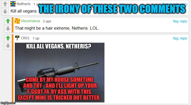 They are so polar opposite, it's incredible really | THE IRONY OF THESE TWO COMMENTS | image tagged in vegan,vegans,crazy,comments,opposite,opposites | made w/ Imgflip meme maker