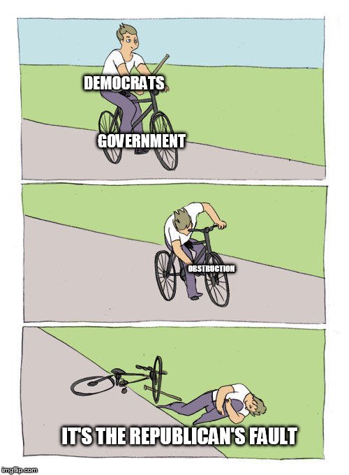 how "bipartisanship" goes in congress | DEMOCRATS; GOVERNMENT; OBSTRUCTION; IT'S THE REPUBLICAN'S FAULT | image tagged in falling off bike | made w/ Imgflip meme maker