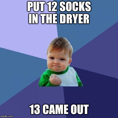 Success Kid Meme | PUT 12 SOCKS IN THE DRYER 13 CAME OUT | image tagged in memes,success kid | made w/ Imgflip meme maker