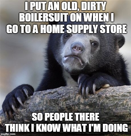 Confession Bear Meme | I PUT AN OLD, DIRTY BOILERSUIT ON WHEN I GO TO A HOME SUPPLY STORE; SO PEOPLE THERE THINK I KNOW WHAT I'M DOING | image tagged in memes,confession bear,AdviceAnimals | made w/ Imgflip meme maker