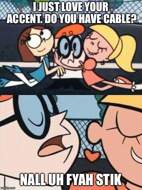 I Love Your Accent | I JUST LOVE YOUR ACCENT. DO YOU HAVE CABLE? NALL UH FYAH STIK | image tagged in i love your accent | made w/ Imgflip meme maker