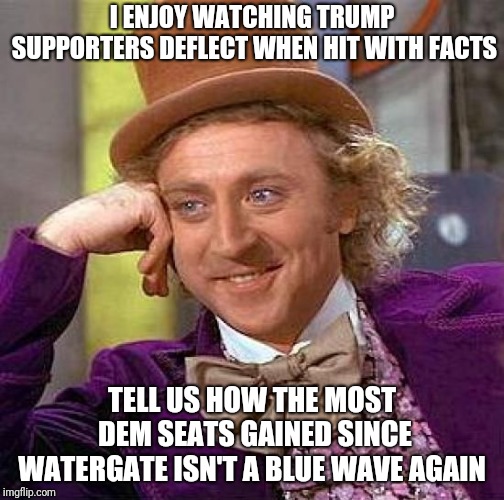 Creepy Condescending Wonka Meme | I ENJOY WATCHING TRUMP SUPPORTERS DEFLECT WHEN HIT WITH FACTS; TELL US HOW THE MOST DEM SEATS GAINED SINCE WATERGATE ISN'T A BLUE WAVE AGAIN | image tagged in memes,creepy condescending wonka | made w/ Imgflip meme maker