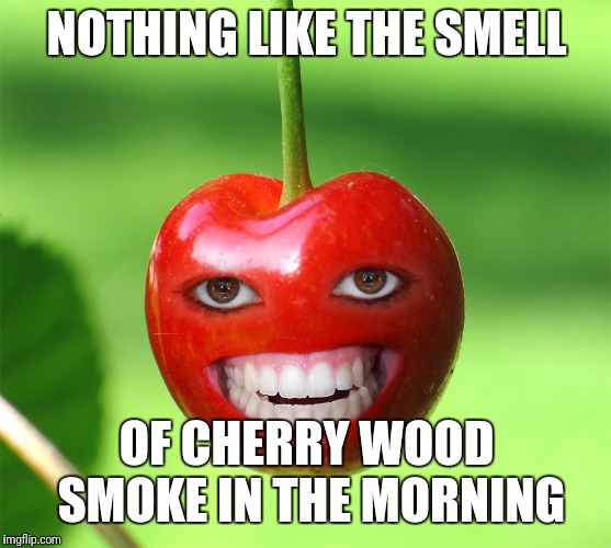 cherry | NOTHING LIKE THE SMELL OF CHERRY WOOD SMOKE IN THE MORNING | image tagged in cherry | made w/ Imgflip meme maker