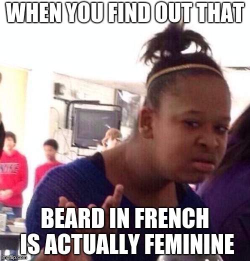 Black Girl Wat | WHEN YOU FIND OUT THAT; BEARD IN FRENCH IS ACTUALLY FEMININE | image tagged in memes,black girl wat | made w/ Imgflip meme maker