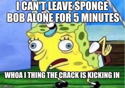 Mocking Spongebob Meme | I CAN'T LEAVE SPONGE BOB ALONE FOR 5 MINUTES; WHOA I THING THE CRACK IS KICKING IN | image tagged in memes,mocking spongebob | made w/ Imgflip meme maker