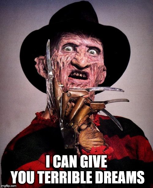 Freddy Krueger face | I CAN GIVE YOU TERRIBLE DREAMS | image tagged in freddy krueger face | made w/ Imgflip meme maker