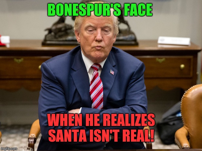 Noooooo!  | BONESPUR'S FACE; WHEN HE REALIZES SANTA ISN'T REAL! | image tagged in pouty trump,christmas | made w/ Imgflip meme maker