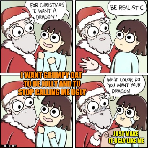For Christmas I Want a Dragon | I WANT GRUMPY CAT TO BE JOLLY AND TO STOP CALLING ME UGLY; JUST MAKE IT UGLY LIKE ME | image tagged in for christmas i want a dragon,memes,funny,grumpy cat,ugly,christmas | made w/ Imgflip meme maker
